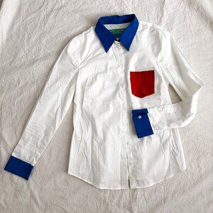 United Colors of Benetton Color Block Button Down Shirt XS White Blue Red Long S